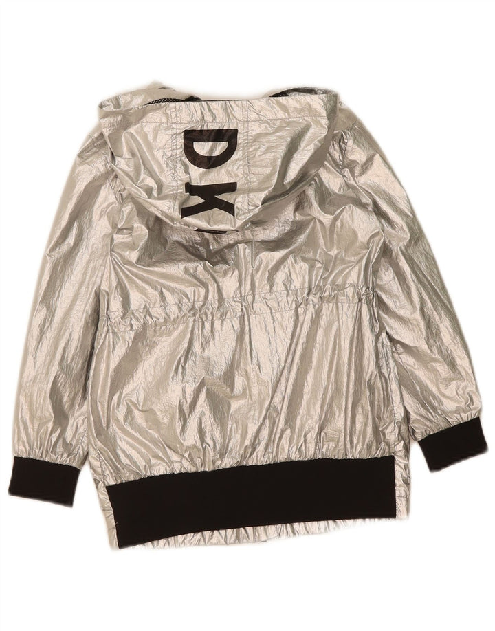DKNY Girls Graphic Hooded Rain Jacket 5-6 Years Silver Colourblock
