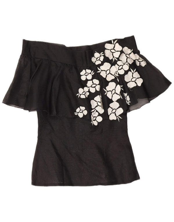 Top vintage da donna con spalle scoperte UK 10 piccolo floreale nero