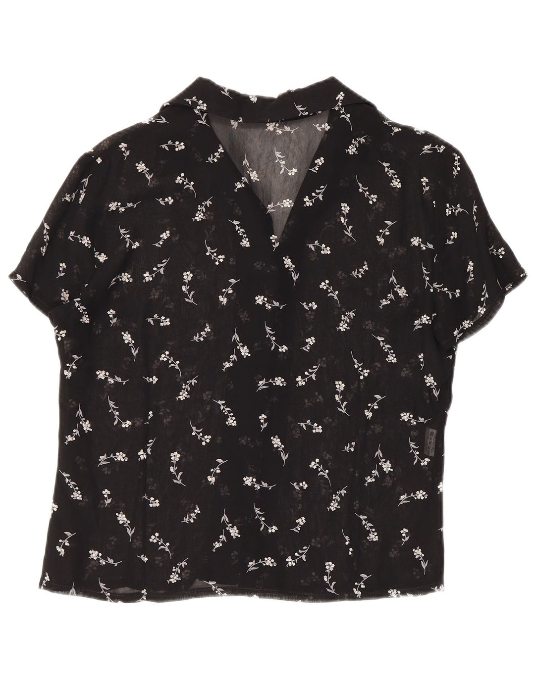 Camicetta da donna vintage trasparente con camicia trasparente UK 12 media nera floreale