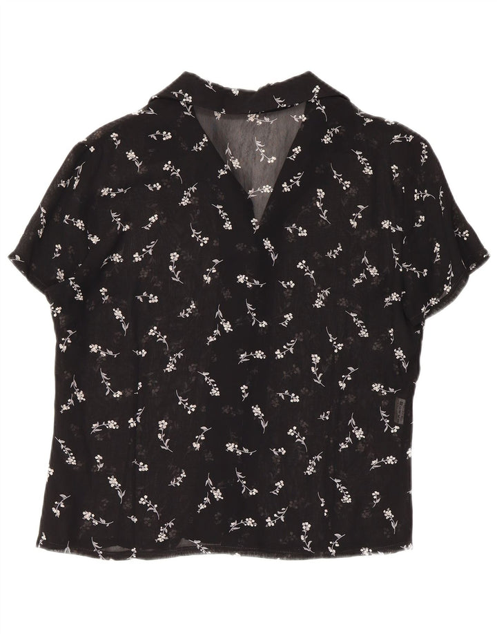 Camicetta da donna vintage trasparente con camicia trasparente UK 12 media nera floreale