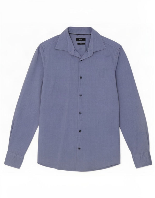 Camicia slim fit da uomo Hugo Boss taglia 38 15 piccola in cotone a spina di pesce blu navy