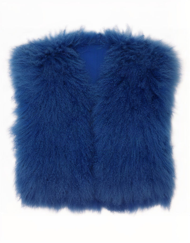 Gilet vintage da donna in pelliccia sintetica UK 14 blu medio