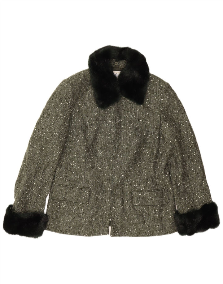 Giacca blazer da donna con zip intera Luisa Spagnoli UK 14 grande lana screziata kaki