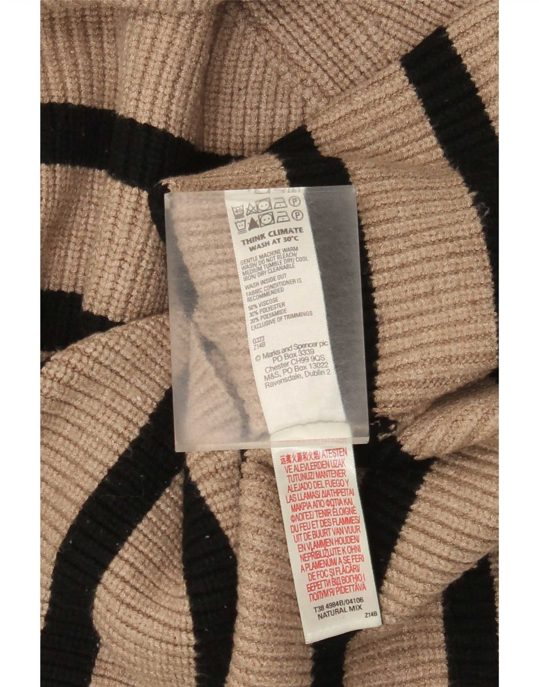 Maglione maglione a collo alto da donna Marks & Spencer UK 12 a righe beige medio