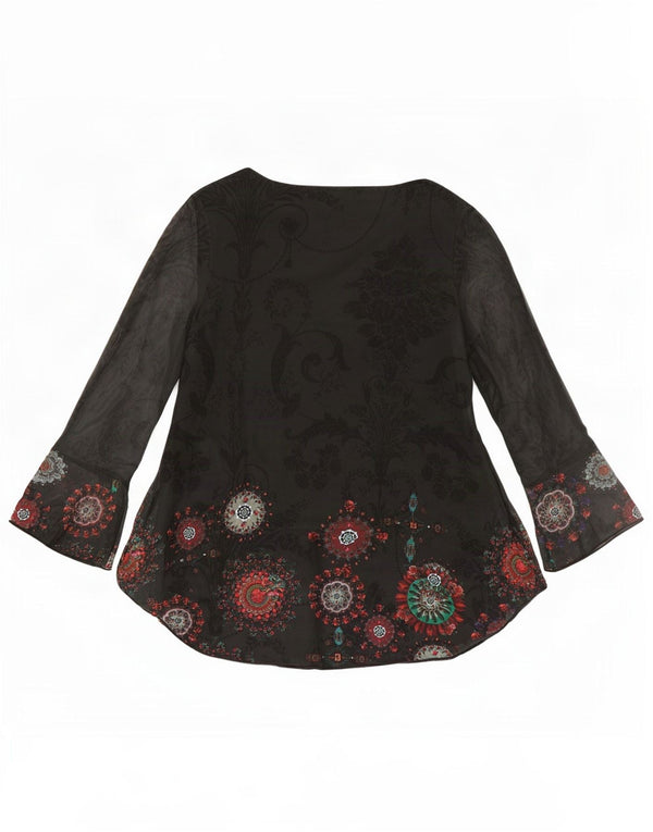 Desigual Donna Manica Lunga Tunica Top UK 12 Medio Nero Paisley Poliestere