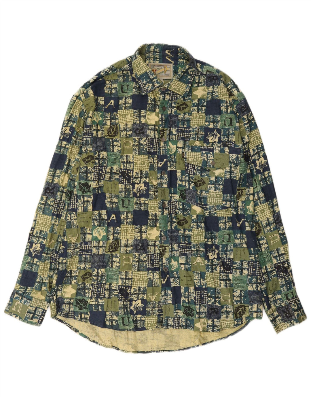 Camicia vintage da uomo grande in cotone patchwork verde