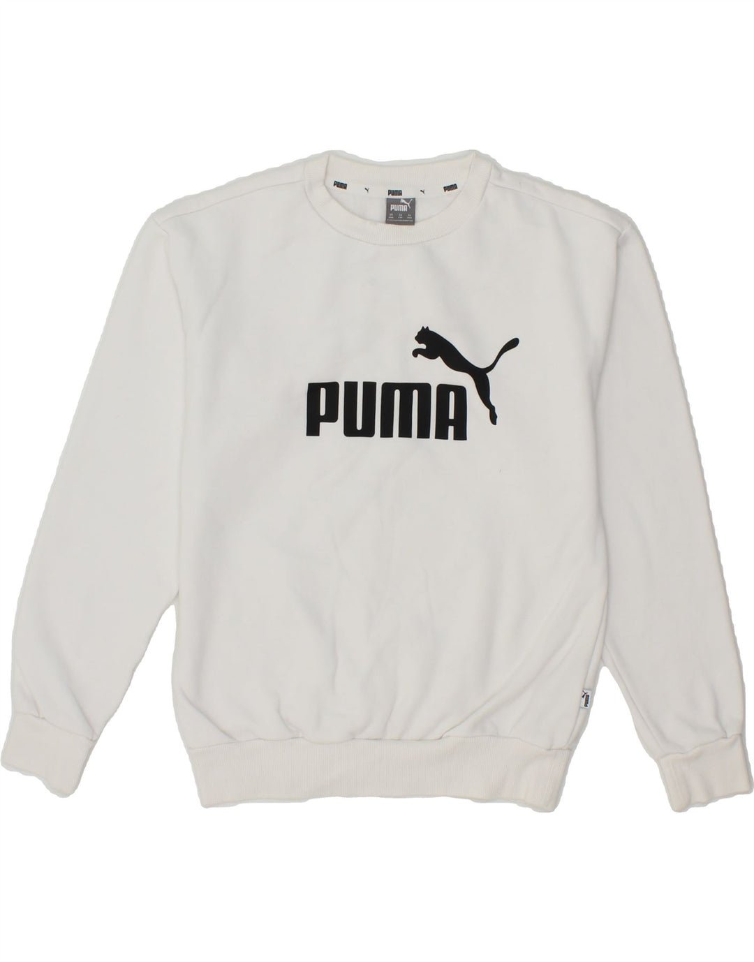 PUMA Womens Oversized Graphic Sweatshirt Jumper UK 2 2XS White Cotton Vintage Puma and Second-Hand Puma from Messina Hembry 