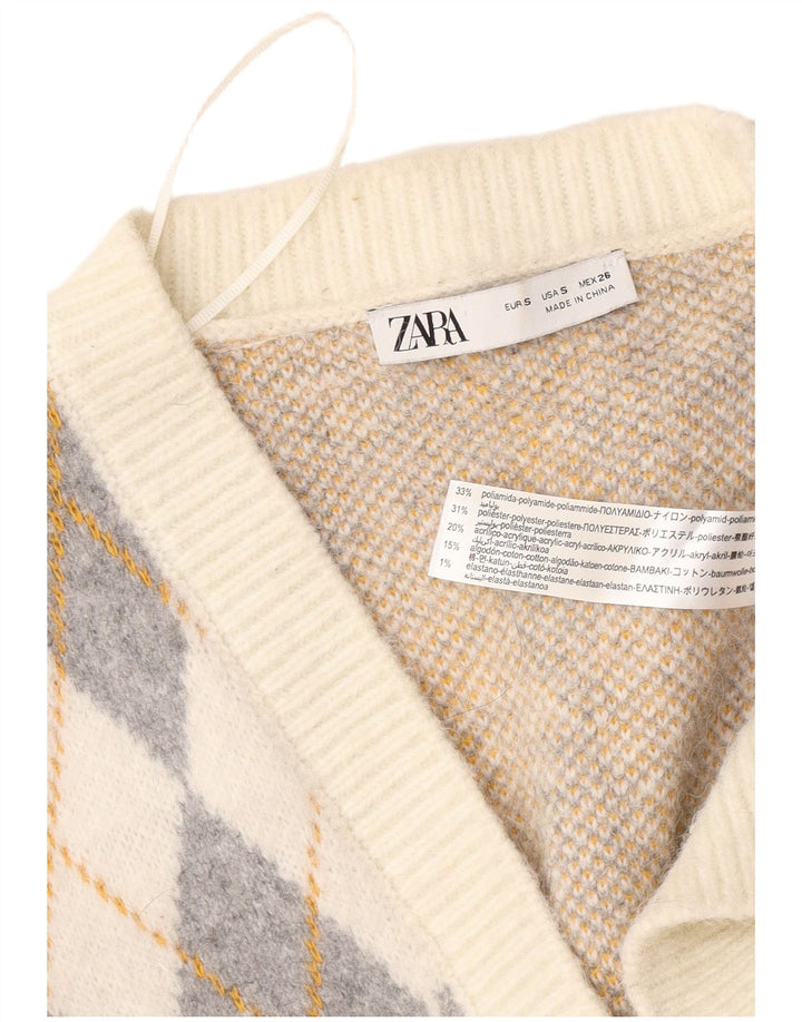 Maglione cardigan oversize da donna Zara UK 10 piccolo bianco sporco a rombi/diamante