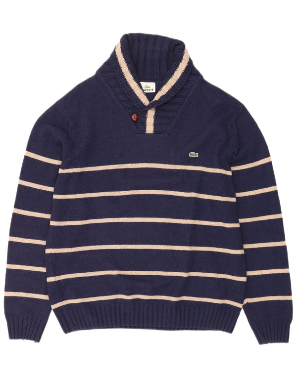Maglione maglione da uomo con collo a scialle Lacoste taglia 6 2XL lana a righe blu navy