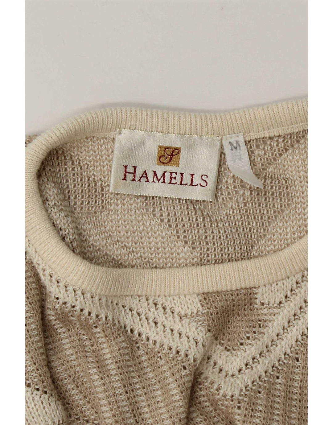 Maglione maglione girocollo da donna vintage UK 12 Beige medio geometrico