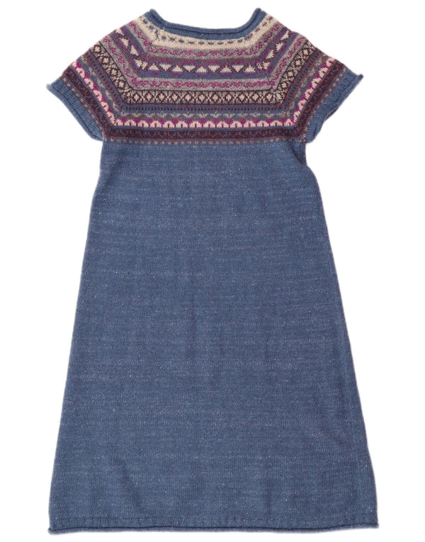 Benetton Womens Short Sleeves Jumper Dress UK 14 Large Blue Fair Isle