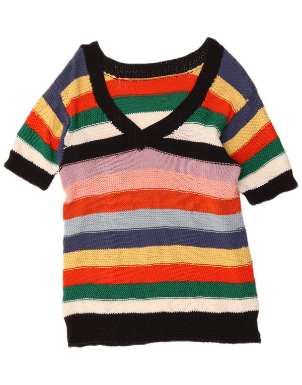 Maglione vintage da donna con scollo a V UK 20 2XL a righe multicolori