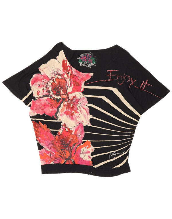 Desigual Donna Graphic Batwing Camicetta Top UK 16 Large Nero Floreale Viscosa