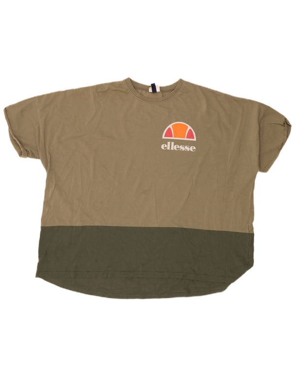 Ellesse T-shirt grafica oversize da donna Top UK 12 Medium Khaki Colourblock