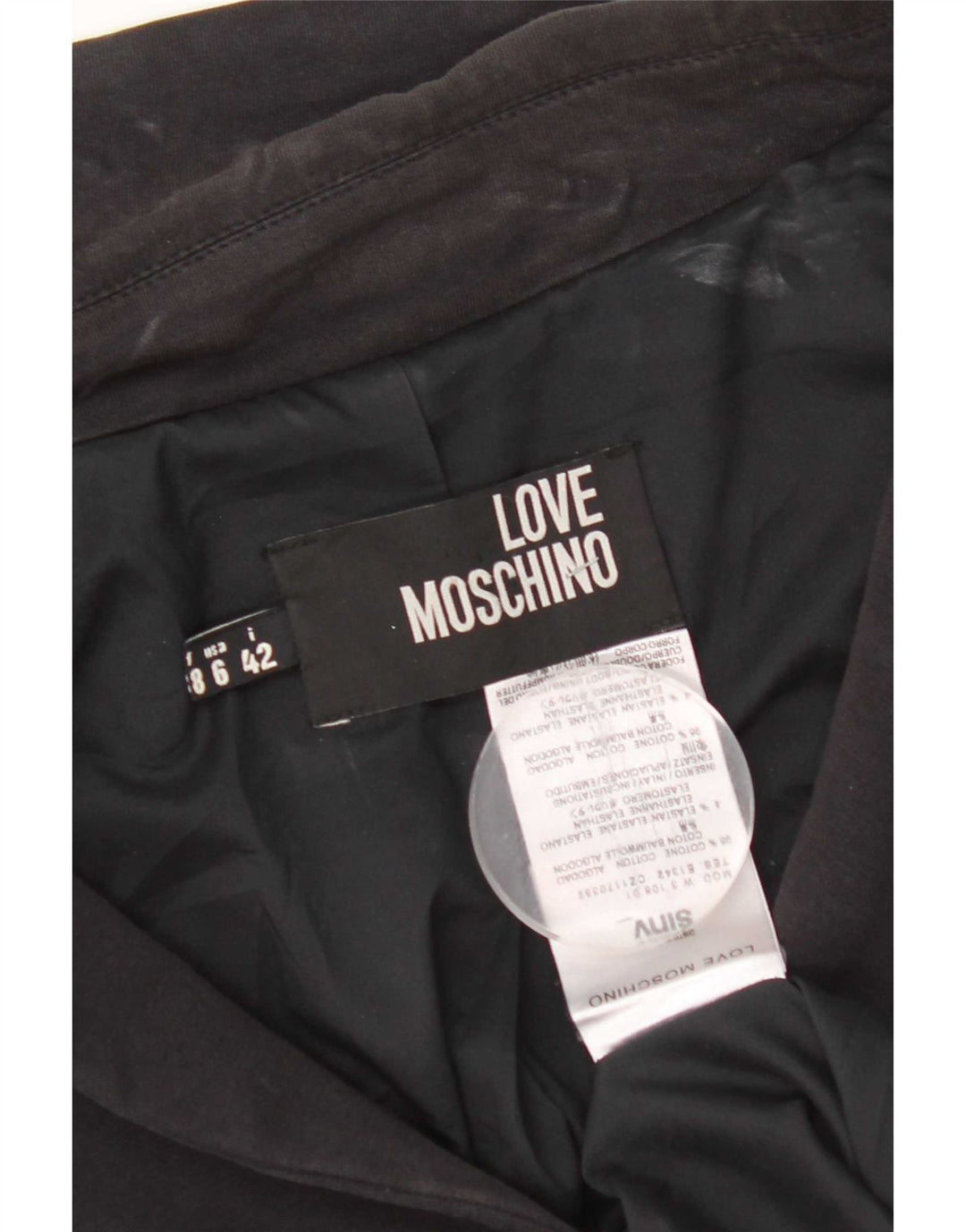 Giacca blazer a 3 bottoni grafica corta da donna Moschino UK 10 piccola nera