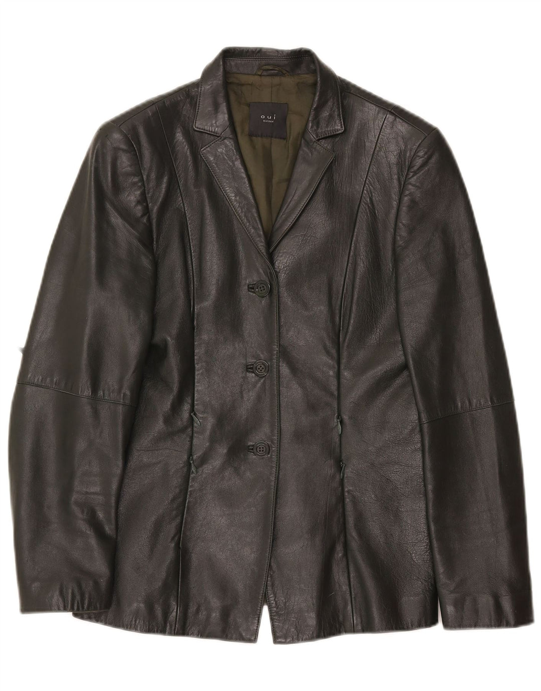 Giacca blazer in pelle da donna a 3 bottoni Oui UK 10 piccola in pelle kaki