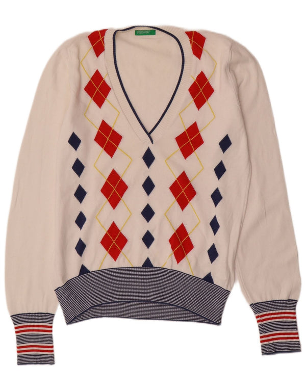 Maglione da donna con scollo a V Benetton UK 14 Large White Argyle/Diamond