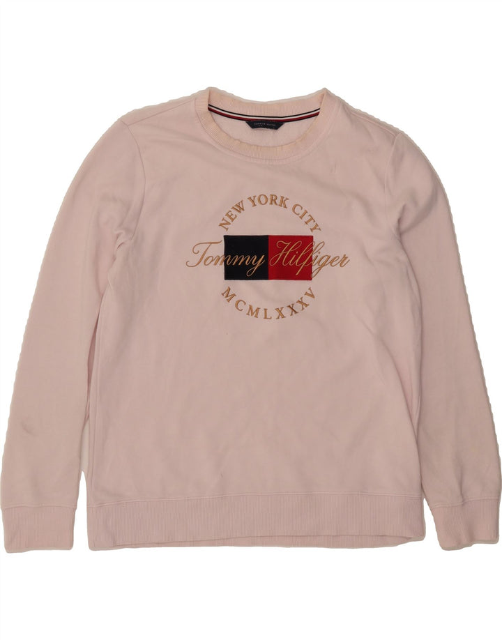 TOMMY HILFIGER Womens Graphic Sweatshirt Jumper UK 16 Large Pink Vintage Tommy Hilfiger and Second-Hand Tommy Hilfiger from Messina Hembry 