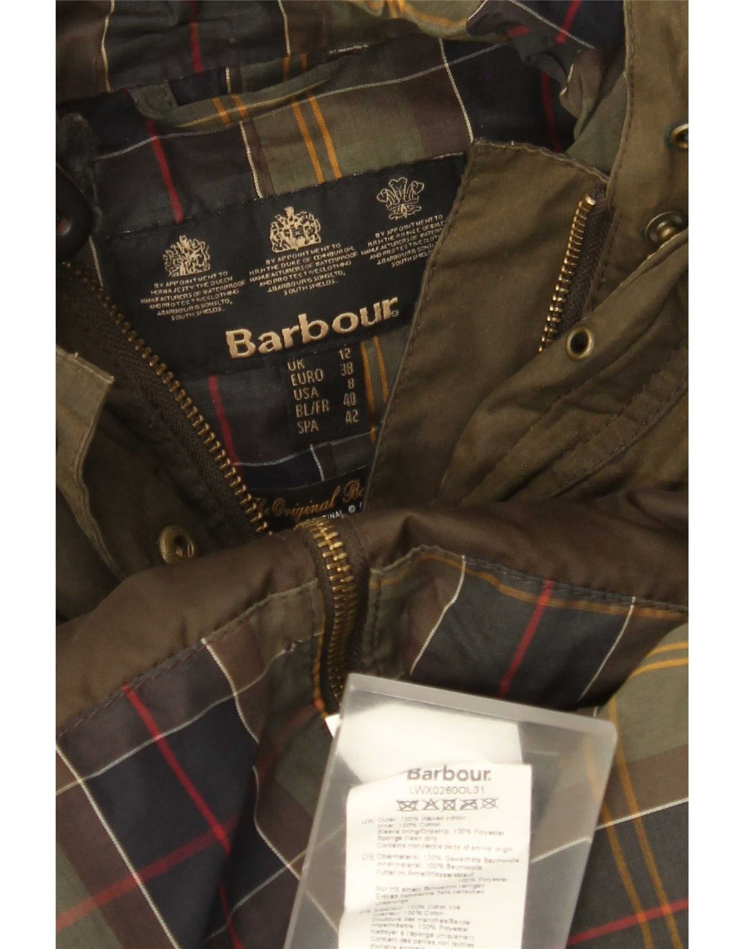 Giacca da donna in cotone cerato con cappuccio Barbour UK 12 medio cachi