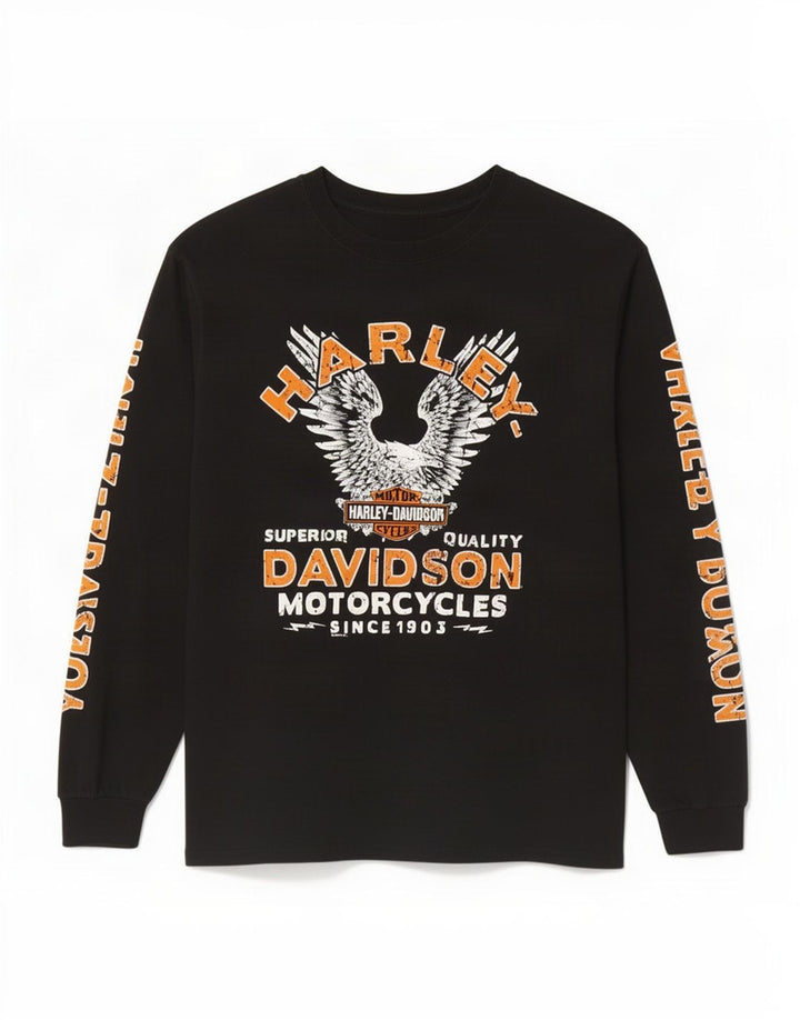 Harley Davidson Maglietta grafica da uomo a maniche lunghe grande in cotone nero