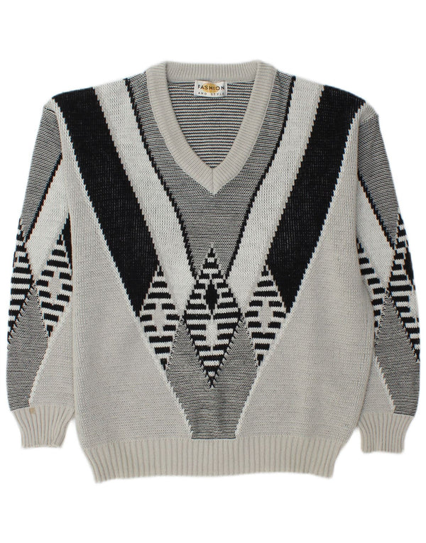 Maglione da uomo con scollo a V VINTAGE UK 34/36 XS Grigio Argyle / Diamante