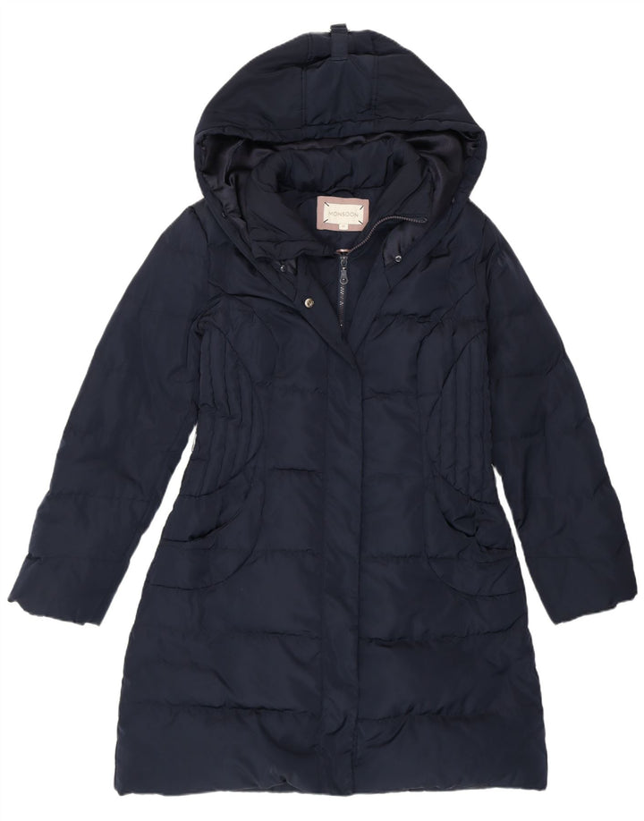 MONSOON Cappotto imbottito con cappuccio da donna UK 14 Medio poliestere blu navy