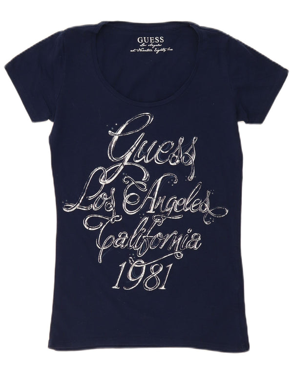 Guess T-shirt grafica da donna Top UK 12 Medium Blu Navy