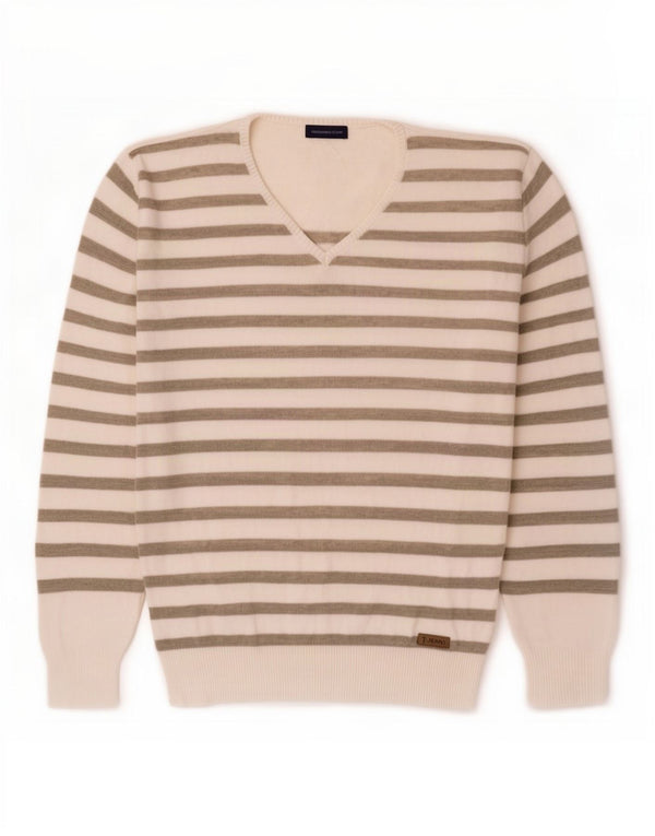 Maglione da donna con scollo a V Trussardi Jeans UK 16 a righe grandi bianche