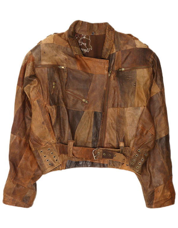 Giacca bomber in pelle da donna vintage UK 16 grande patchwork marrone