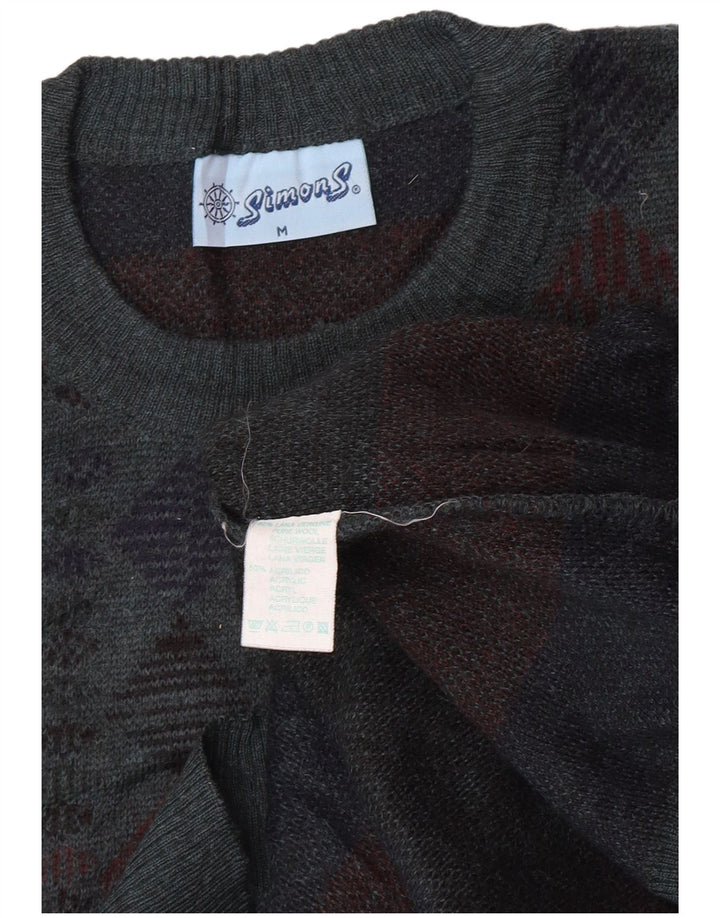 Maglione maglione girocollo da uomo vintage in lana vergine geometrica blu medio