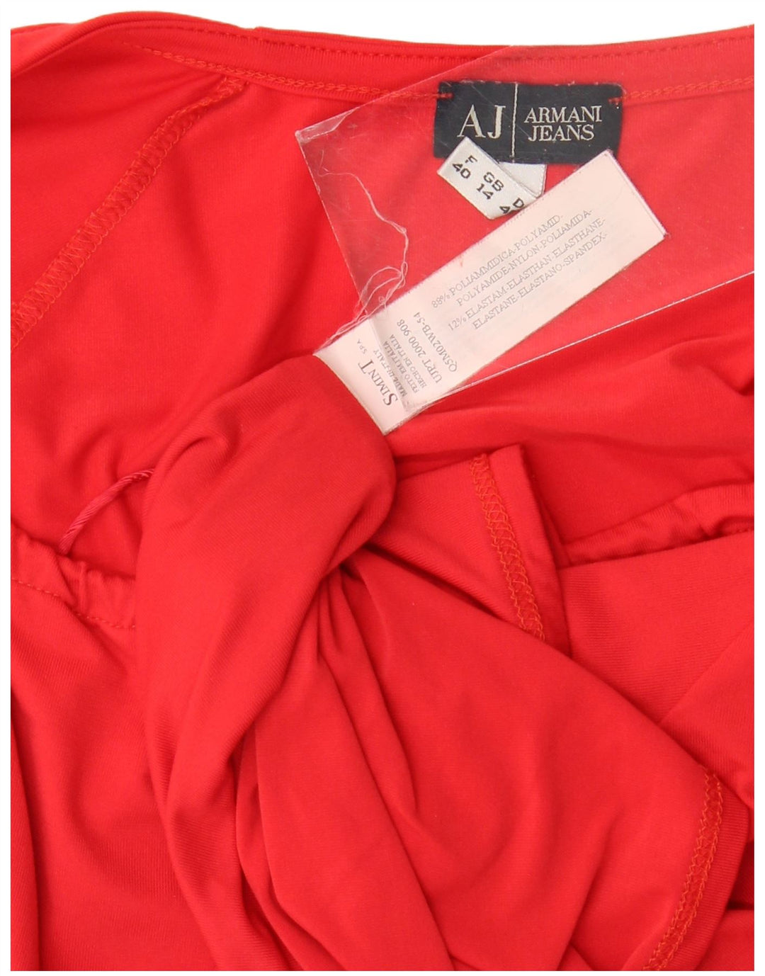 Armani Jeans Donna Crop Top Manica a 3/4 Camicetta UK 14 Rosso Medio Poliammide