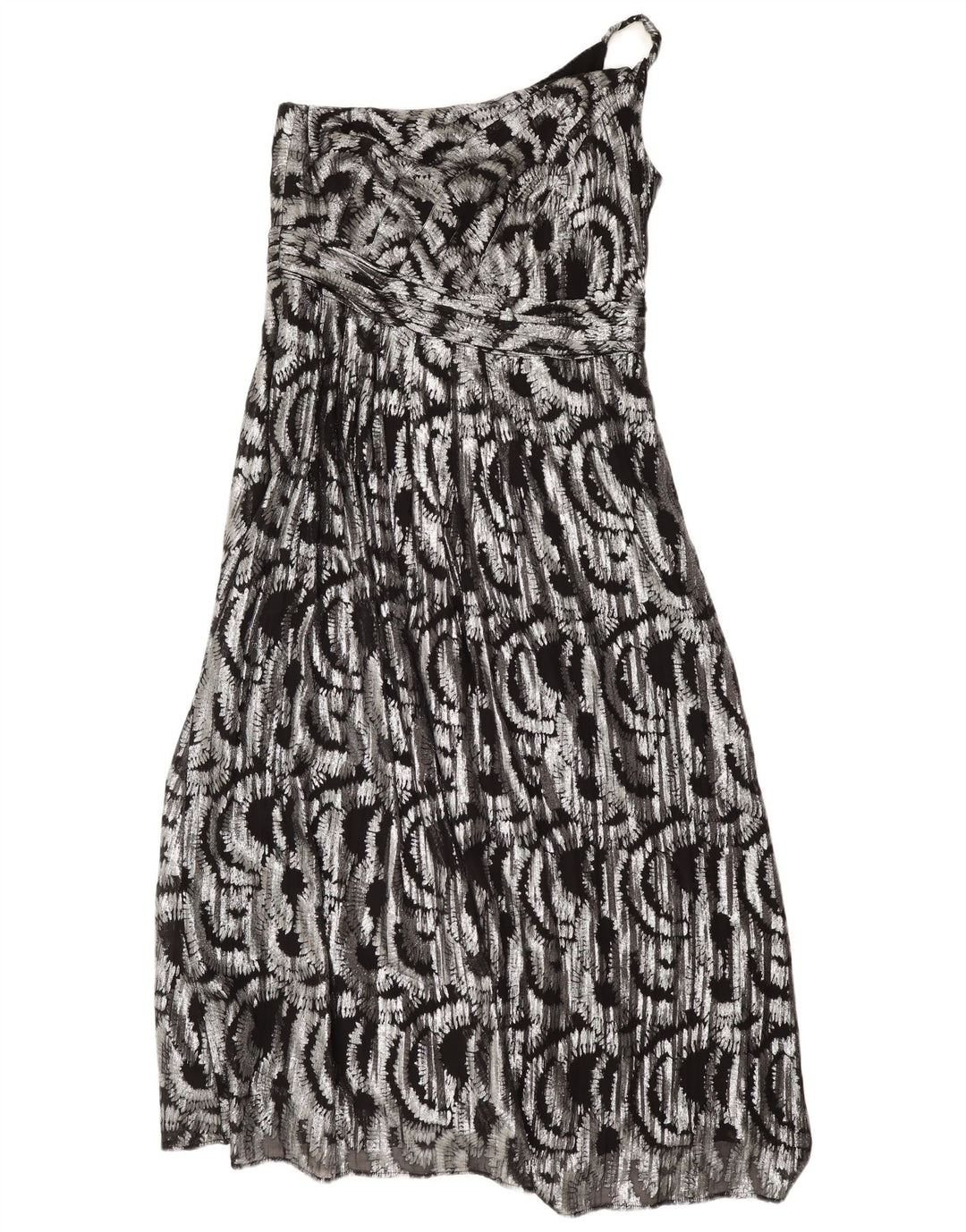 Monsoon Abito da donna maxi monospalla con motivo astratto UK 16 Large Argento