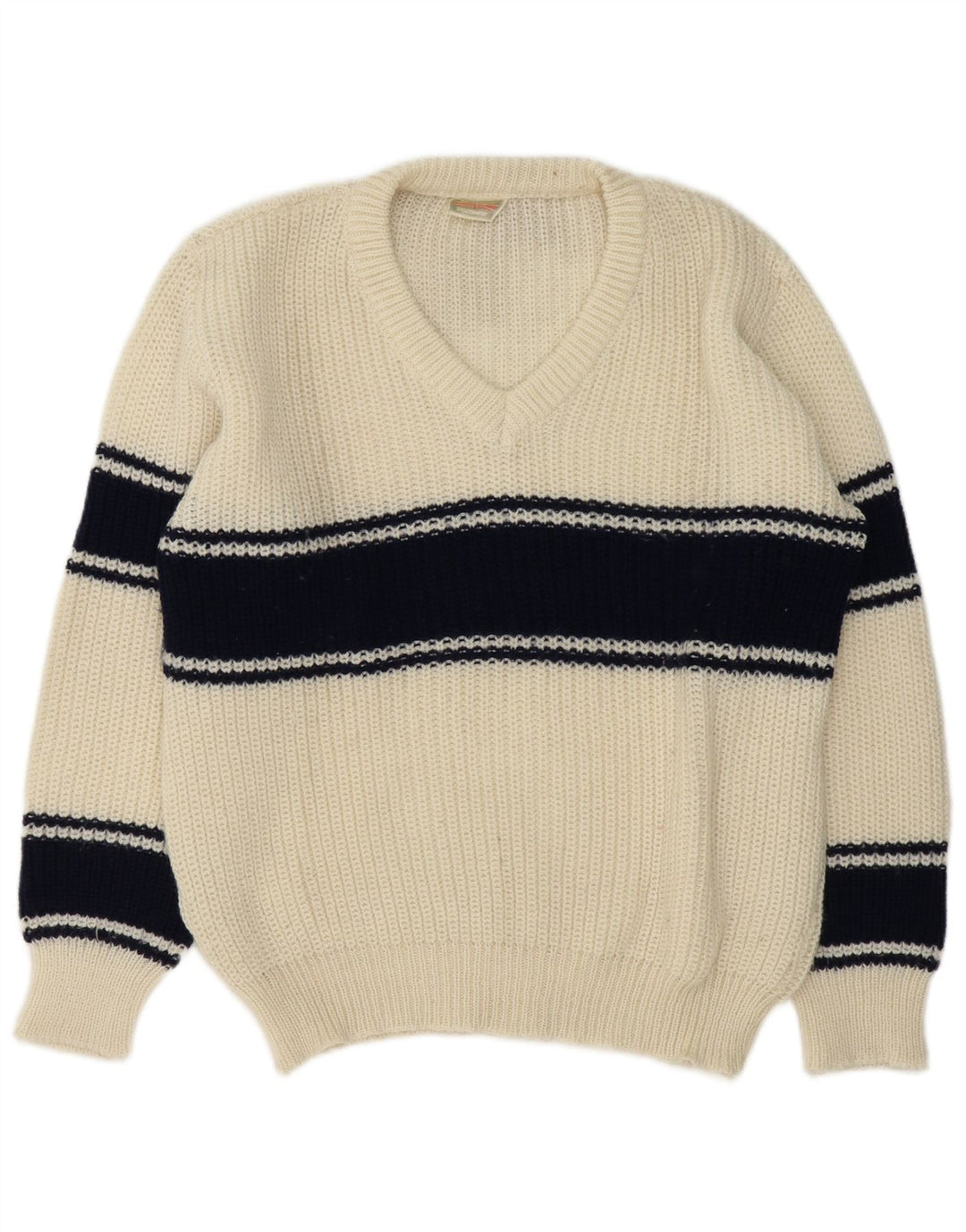Maglione vintage da uomo con scollo a V, grande color block bianco