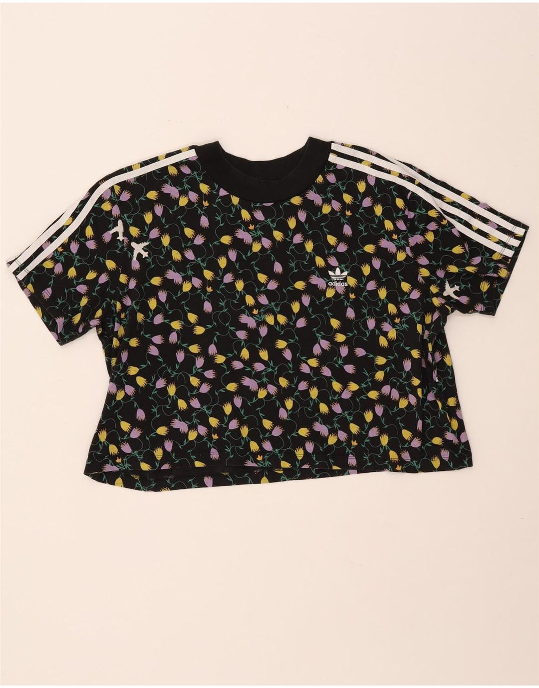 T-shirt grafica corta da donna ADIDAS Top UK 18 XL cotone floreale nero