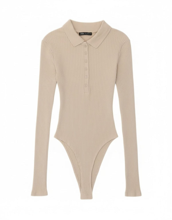 Body a maniche lunghe da donna Zara UK 8 piccolo in cotone beige