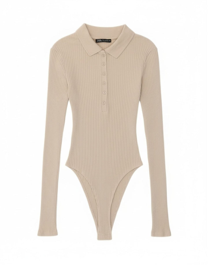 Body a maniche lunghe da donna Zara UK 8 piccolo in cotone beige