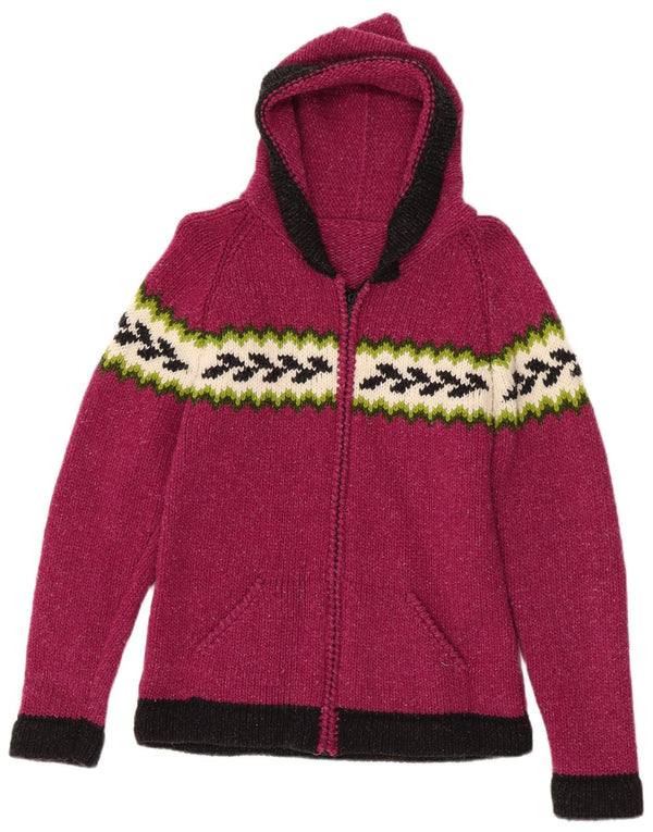 Maglione cardigan con cappuccio da donna vintage UK 10 piccolo rosa geometrico