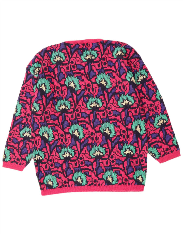 Maglione girocollo da donna VINTAGE con motivo astratto girocollo UK 16 grande rosa