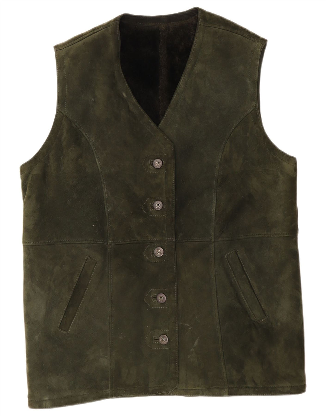 Gilet vintage da donna in pelle scamosciata UK 14 grande color kaki