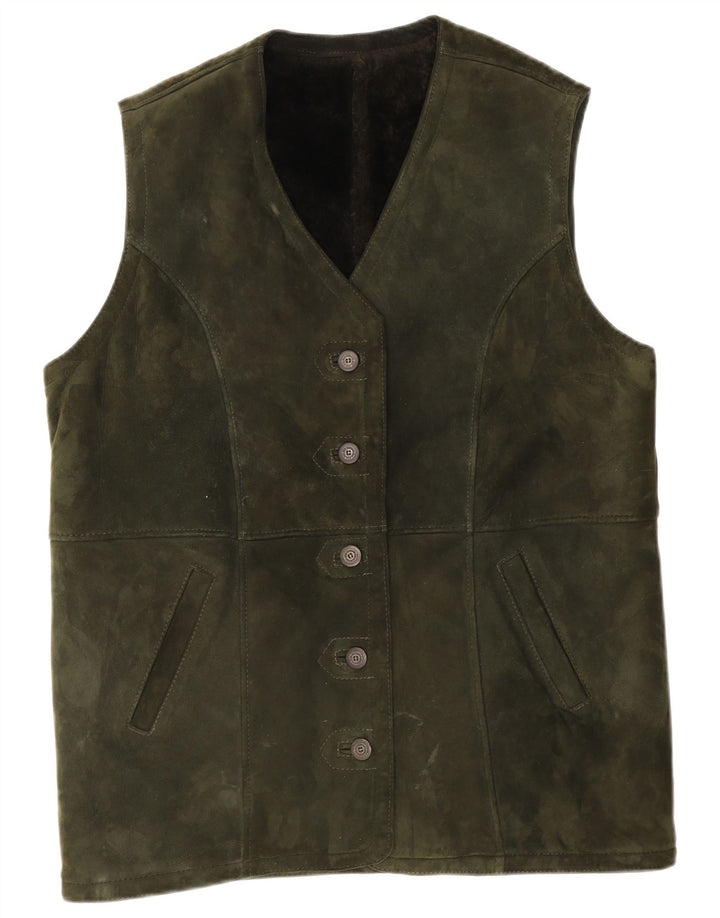 Gilet vintage da donna in pelle scamosciata UK 14 grande color kaki