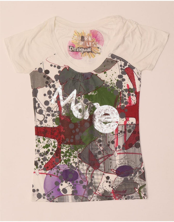 Desigual T-shirt grafica da donna Top UK 12 Medium Bianco Poliestere