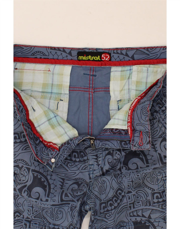 MISTRAL Mens Abstract Pattern Cargo Shorts IT 52 XL W38 Blue Cotton Vintage Mistral and Second-Hand Mistral from Messina Hembry 