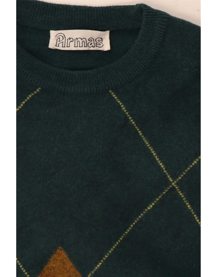 Maglione maglione girocollo da uomo vintage verde medio a rombi/diamante