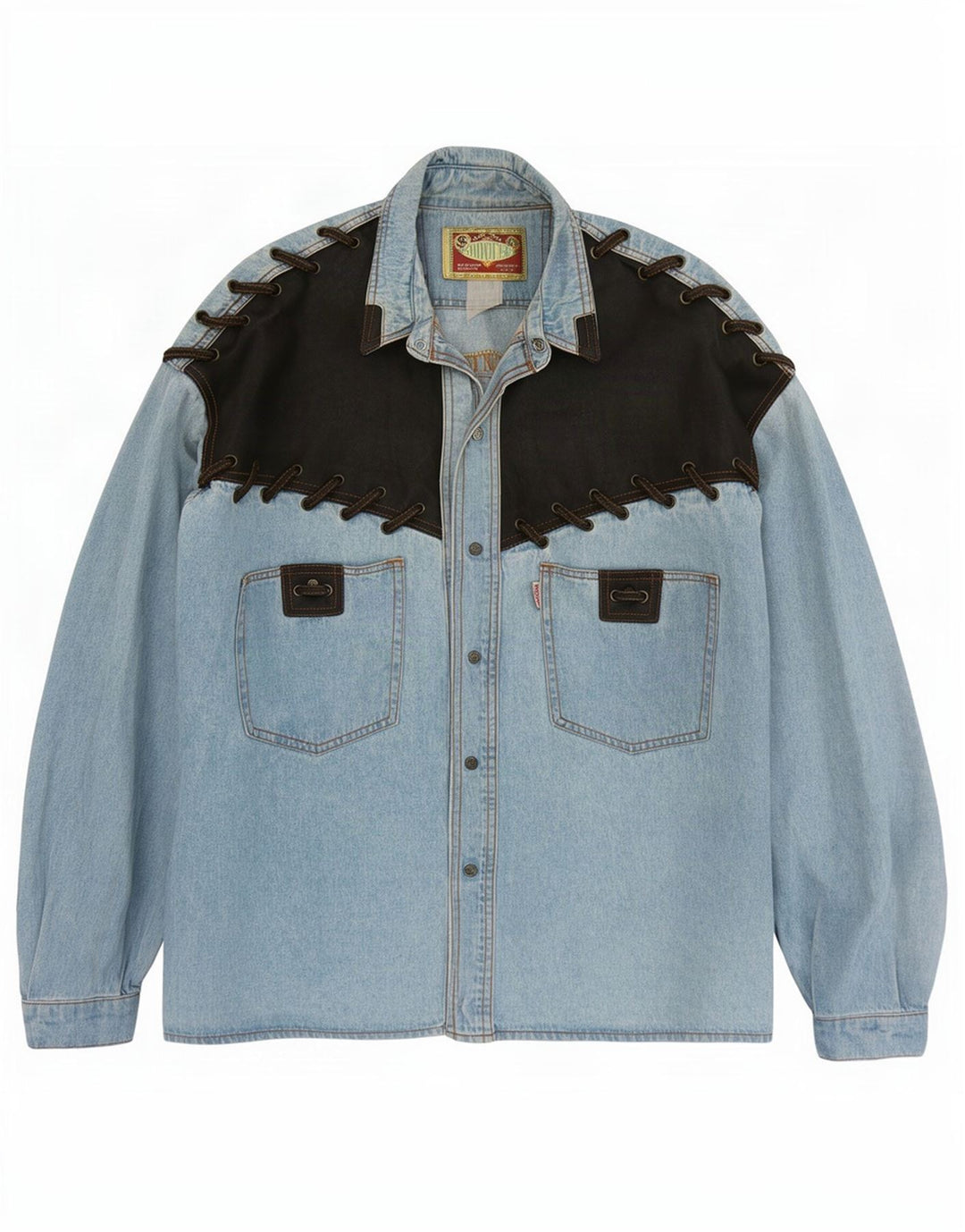 Camicia di jeans vintage da uomo grande color block blu