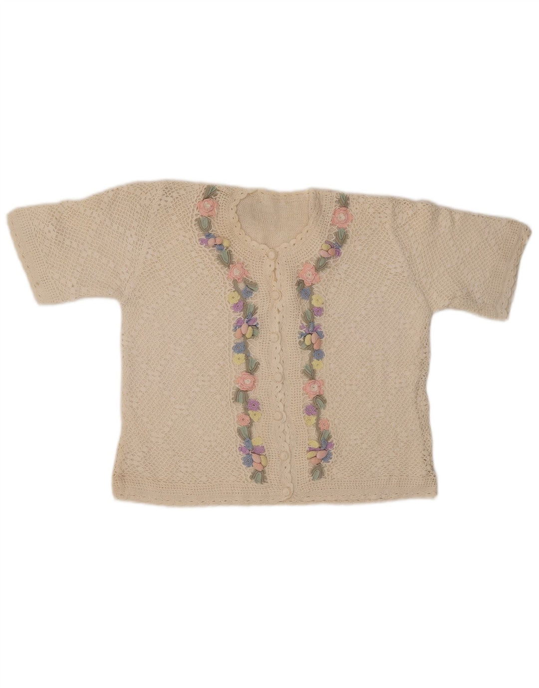 Maglione cardigan a maniche corte da donna VINTAGE UK 14 medio bianco sporco floreale