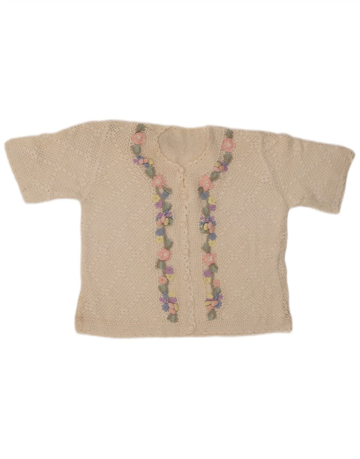 Maglione cardigan a maniche corte da donna VINTAGE UK 14 medio bianco sporco floreale