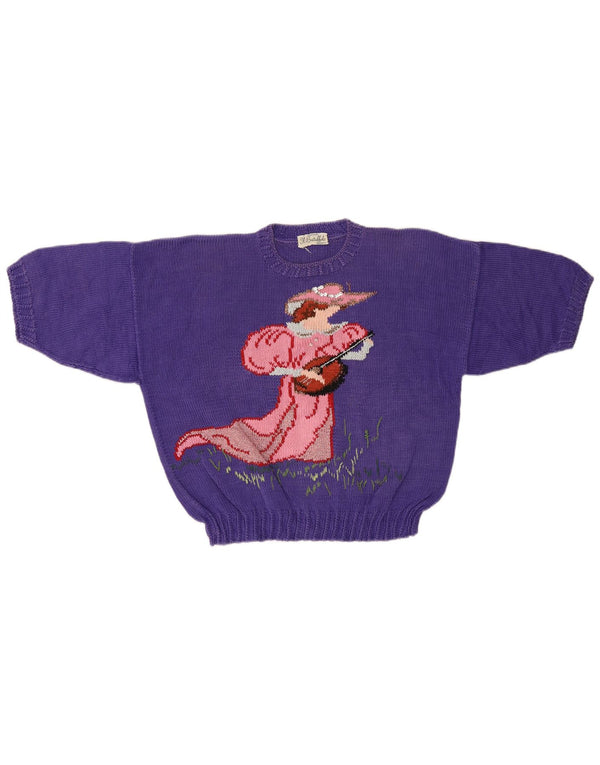 Maglione maglione girocollo corto da donna vintage UK 12 medio viola retrò