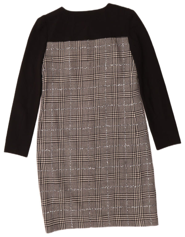 JAEGER Abito tubino a maniche lunghe da donna UK 8 piccolo in lana pied de poule nera