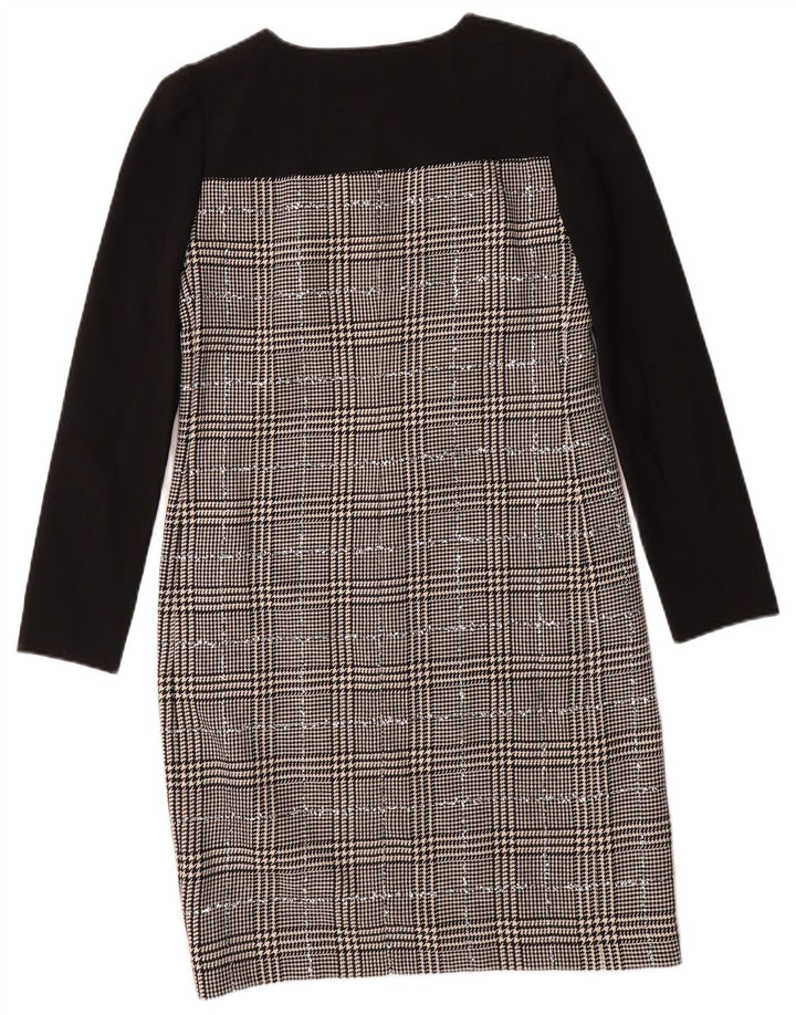 JAEGER Abito tubino a maniche lunghe da donna UK 8 piccolo in lana pied de poule nera