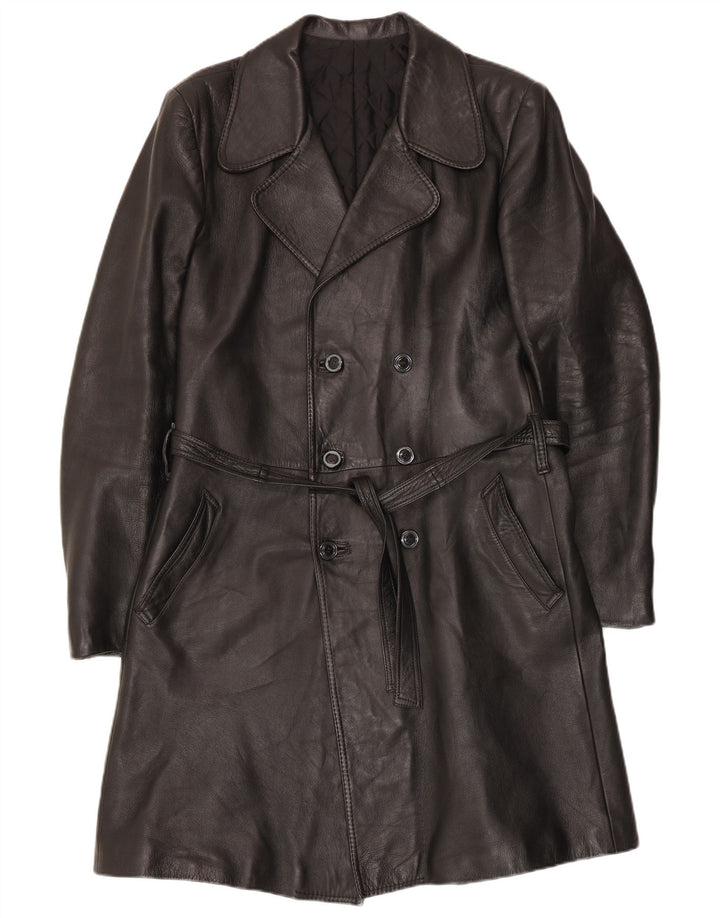 Cappotto in pelle doppio petto vintage da uomo UK 38 medio nero